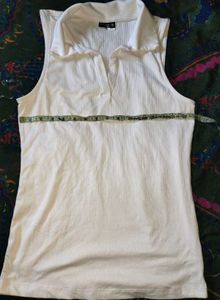 Sleeveless White Ribbed Polo Top