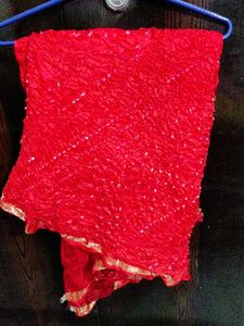 Vibrant Red Bandhani Dupatta with Golden Border