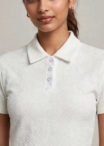White Textured Polo Neck Top