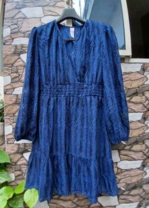 Blue Textured V-Neck Dress
