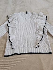Chic White Ruffle Knit Sweater