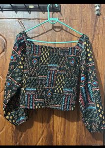 Boho Print top + beige colour wide leg