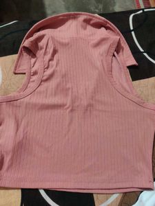 Pink Ribbed Collared Crop Top