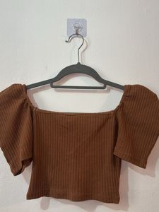 Brown Ribbed Puff Sleeve Top