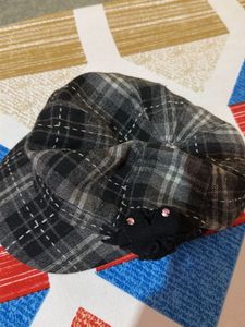 Stylish Plaid Cap with Rhinestone Detail
