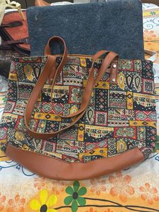 Boho Print Tote Bag with Leather Straps