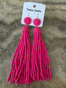 Bright Pink Beaded Tassel Earrings