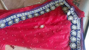 Red saree Set with blue velvet border