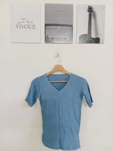 Light Blue V-Neck Ribbed Top