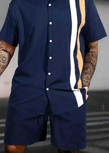 Men's Navy Blue Striped Short Set
