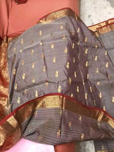 GentlyUsed Burgundy and Grey Pattu Sari WithBlo