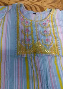 Striped Kurta with Embellished Neckline