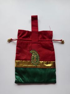 Premium Maroon &amp; Green Zari Paisley Potli Bag