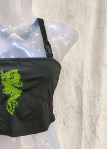 Black Crop Top with Green Dragon Design
