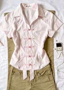 y2k chinese Pink Short Sleeve Button Top