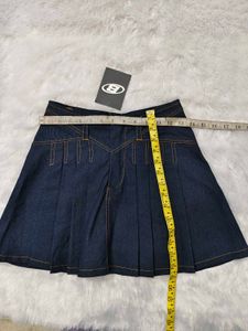 Dark Wash Pleated Denim Mini Skirt