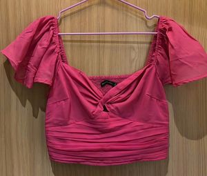 Pink Ruched Twist-Front Crop Top