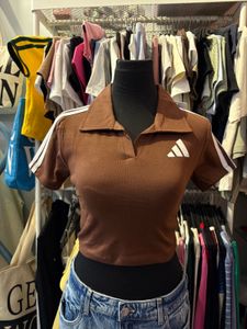Adidas Brown Cropped Polo Top