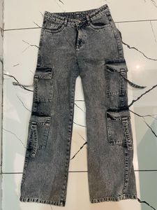 Women's Grey Acid Wash Cargo Jeans