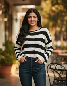 Striped Distressed Knit Sweater
