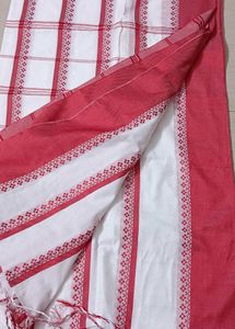 73)Traditional Red White Pure Cotton Saree
