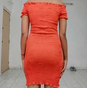 Orange Smocked Off-Shoulder Dress