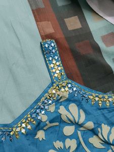 In Stree Teal Blue Cotton Embroidered Kurta Set