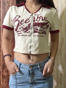 Y2K Beerbro Graphic Zip Crop Top