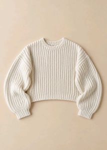 IVORY WHITE RIBBED KNIT CROPPED SWEATER
