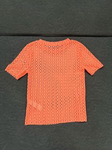 Neon Coral Crochet Short Sleeve Top