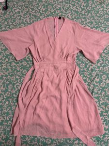 Pink Flutter Sleeve Wrap Dress