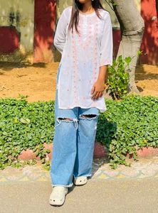Chic White Kurti with Ripped Jeans