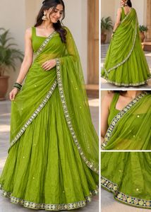 💚 Green Net Lehenga Skirt with Full Size Dupatta