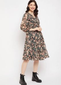 Floral Print Sheer V-Neck Midi Dress