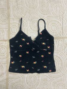 Floral Print Spaghetti Strap Black Crop Top