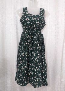 Dark Green Floral Print cotton Stretchable Dress