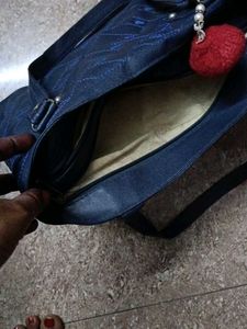 Quilted Dark Blue Handbag with Heart Pattern