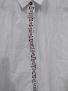 Embroidered White Unisex Button-Up Shirt