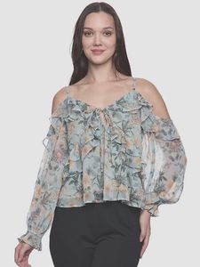 Floral Ruffle Chiffon Cold Shoulder Top