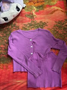 Purple Ribbed Cardigan & Camisole Set