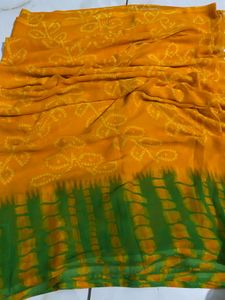 Vibrant Yellow &amp; Green Bandhani Saree