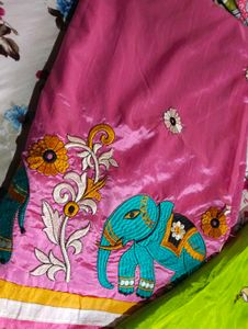 Embroidered Pink and bright green Silk Saree with