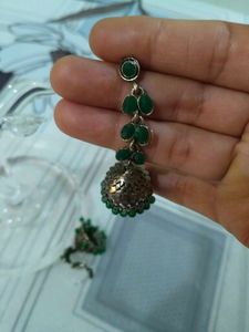 Elegant Jhumka Earrings with Green Stones
