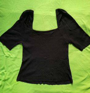 Square Neck Black Ribbed Puff Sleeve Top Partywear