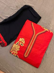 Red Embroidered Kurta Set 3 piece