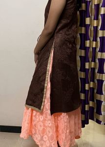 Peach Dress or Gown with Brown Overcoat