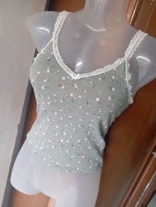H&amp;M Grey Floral Lace Trim Camisole Top