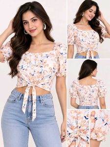 Floral Print Tie-Front Crop Top 34"-36"