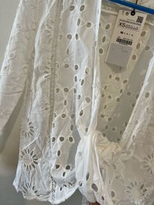 Zara White Eyelet Tie-Front Top