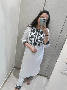 Elegant White Kurta Set with Black Embroidery